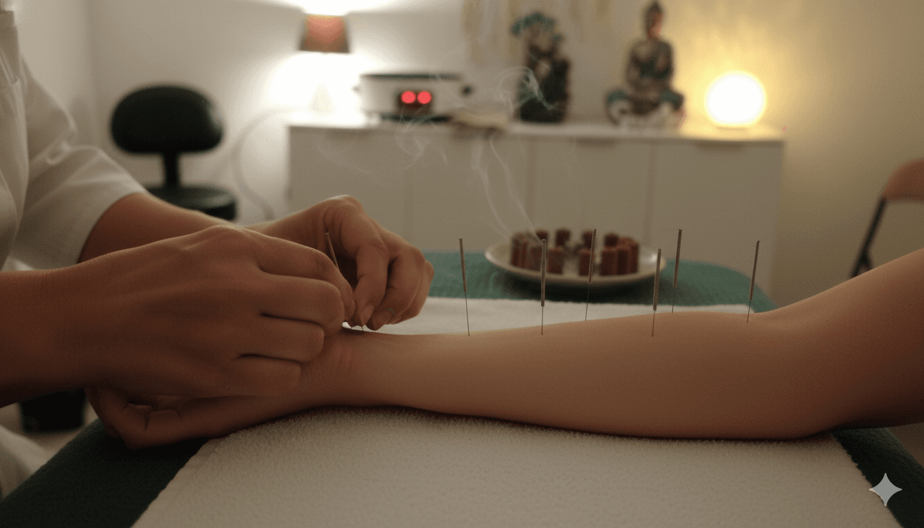 Detalhe real de sessão de acupuntura na Vital MTC